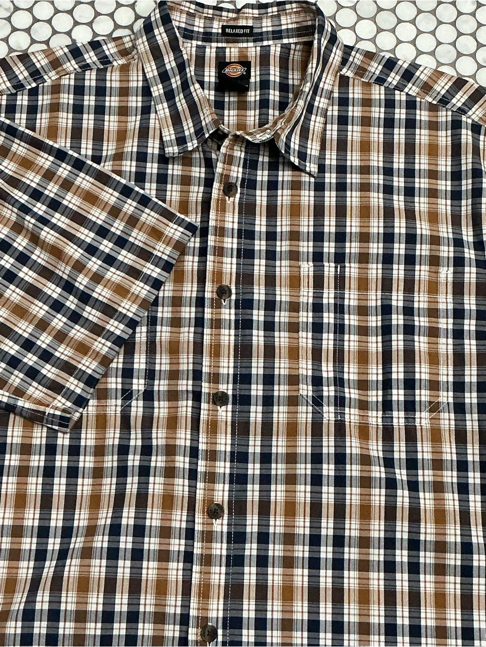 Dickies Relaxed Fit Plaid Short Sleeve Button Down Shirt Brown Navy Size L